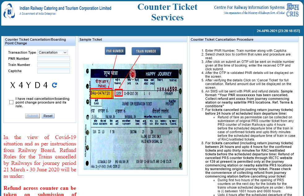 Indian Railway Counter Ticket Cancellation Rules